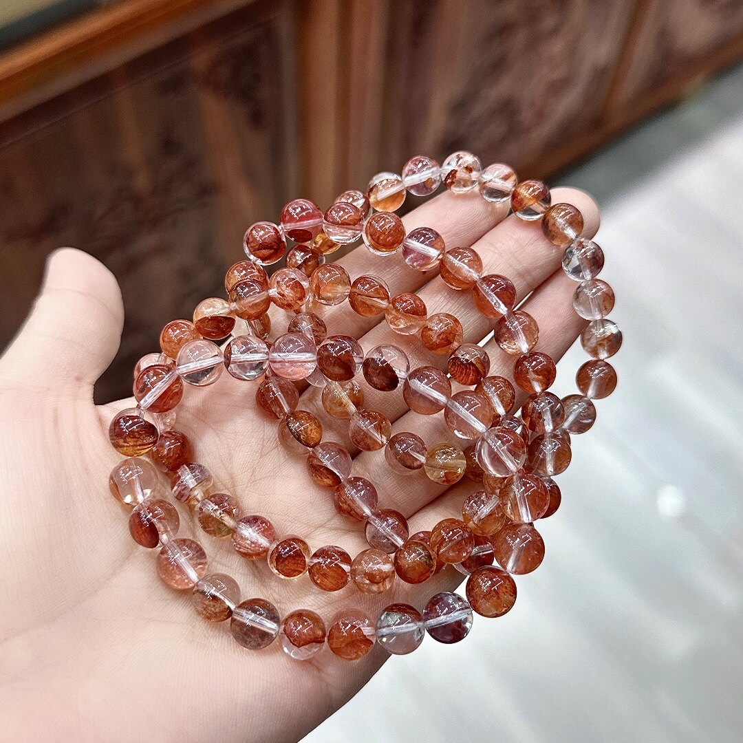 工厂价 天然老矿红胶花 鸩羽幽灵锦鲤牛血凤凰水晶圆珠女礼物手链