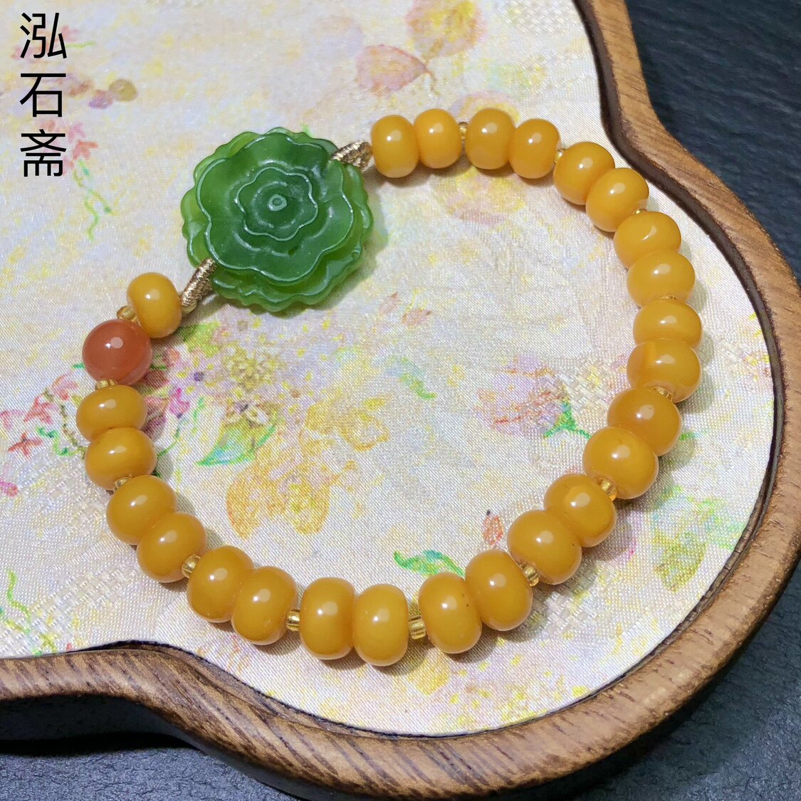 FF0836 天然蜜蜡手链串算盘珠7mm鸡油黄原创碧玉格桑花牌单圈