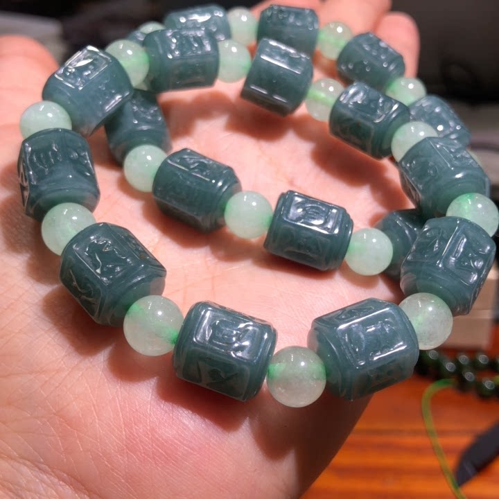翡翠路路通天然手链12mm水桶珠