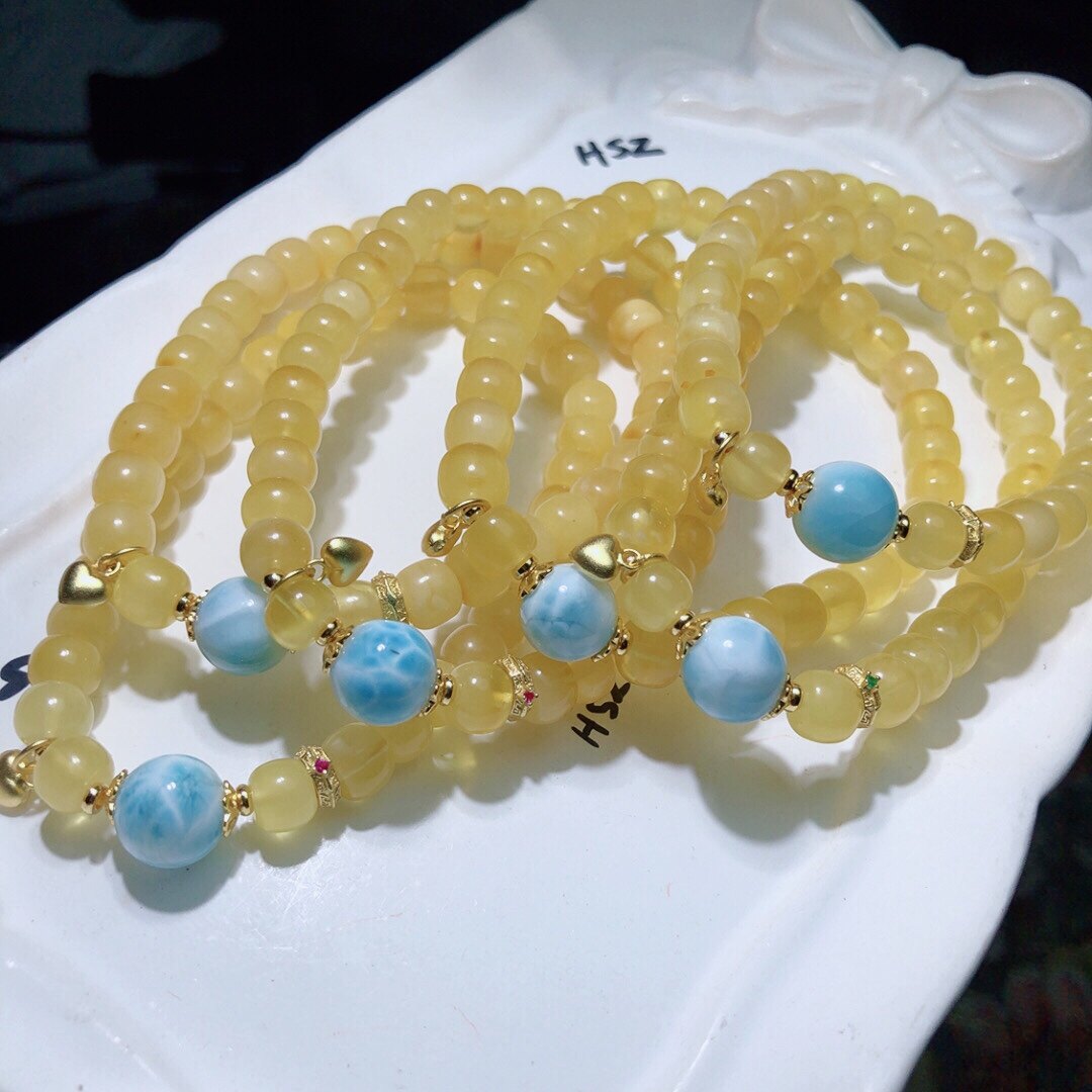 KK0531 天然琥珀蜜蜡手链鸡油黄白花蜜手串老蜜蜡情侣手串配饰