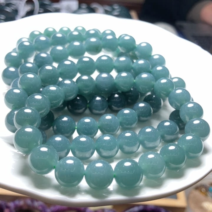 T765 天然A货翡翠手链蓝水单圈手串9-10mm高货翡翠手串冰种