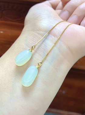 P394 天然和田玉耳线耳坠女链条耳饰百搭简约14/17mm首饰礼物