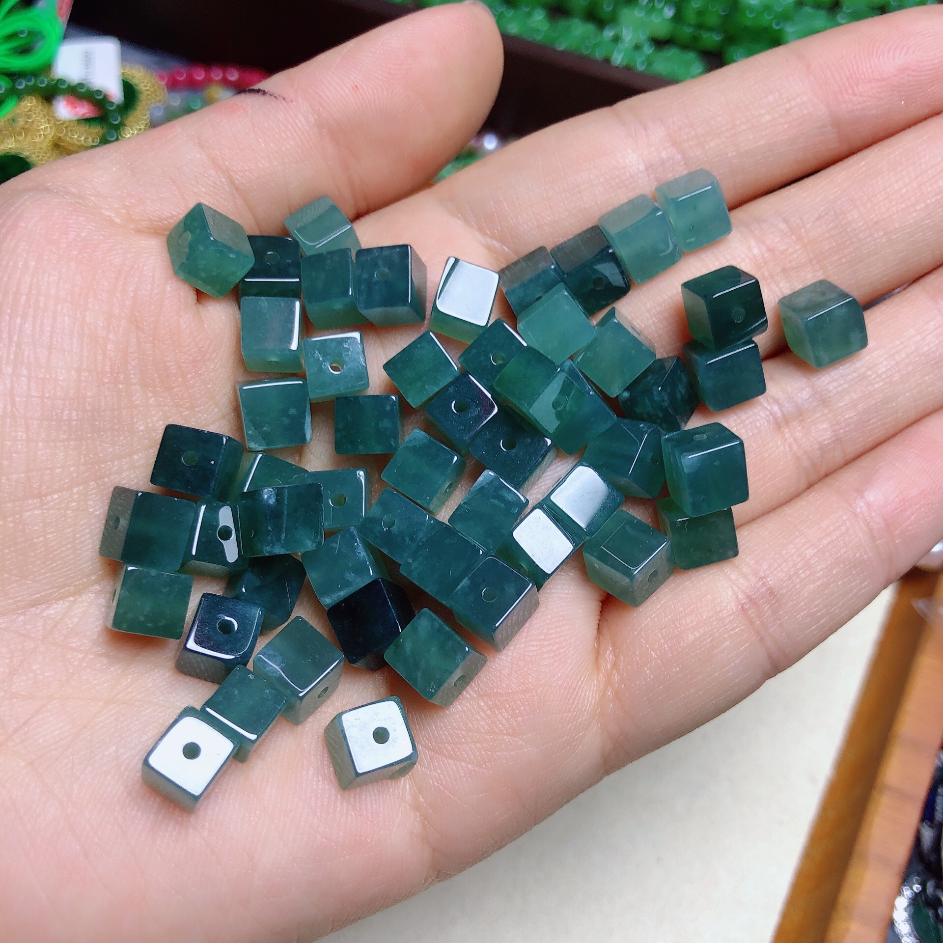 A货翡翠小方糖蓝水配件耳线配件