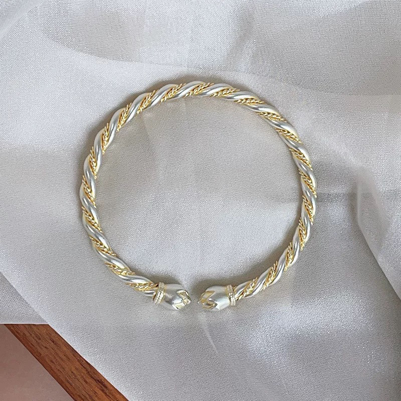 ZZ0628 足银999麻花扭纹手镯纯银描金新中式宫廷风交织莲花对口