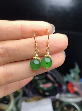 E676 天然和田玉碧玉耳坠S925银乌兰海7-8mm碧玉女耳饰耳坠猕猴桃