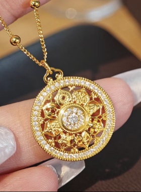 ZZ0633 足银990满钻八宝罗盘吊坠项链纯银锁骨链古法镂空莲花中式