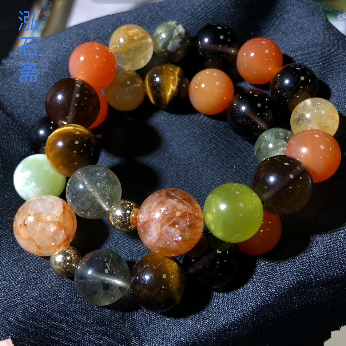 GG0804 天然水晶多宝手链串14-16mm多巴胺红兔毛胶花岫玉虎眼曜石