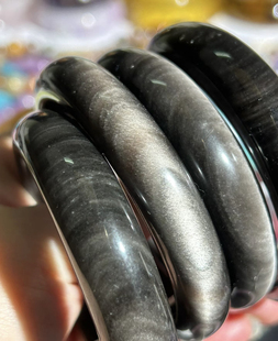 BB0724天然黑曜石手镯银曜石猫眼宽版正装镯时尚饰品礼物宝石手镯