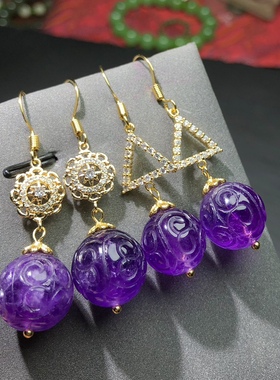 SS0792 天然紫水晶回纹珠耳坠14mm乌拉圭紫水晶耳饰耳环紫色礼物