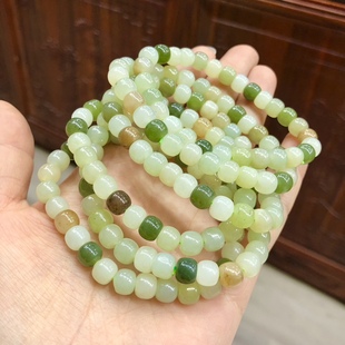 p287 老型珠白玉手串单圈 天然多宝和田玉手链黄口料约7mm女男款