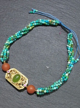 RR0246 天然绿松石手链编织麻花款手串原创和田玉碧玉单圈2mm多宝