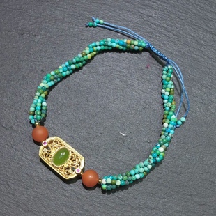 RR0246 天然绿松石手链编织麻花款手串原创和田玉碧玉单圈2mm多宝