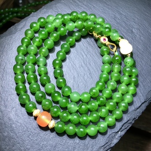 天然和田玉碧玉项链佛珠925银果阳6mm绿锁骨链辣绿锁骨链珍珠南红