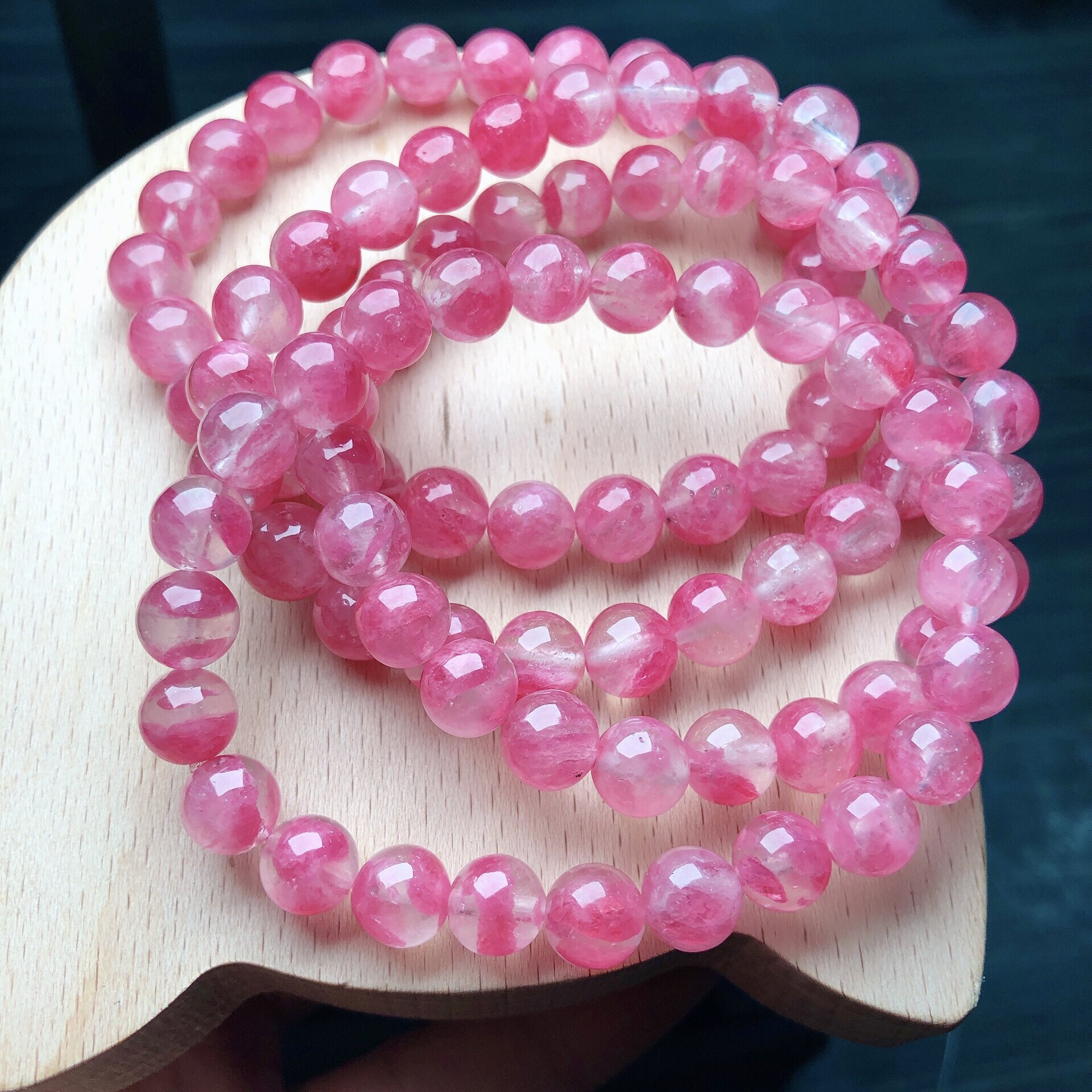 樱花雨冰种天然蔷薇辉手链圆珠桃花石红粉色女款首饰