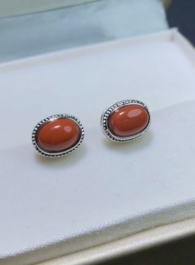 ZZ0477天然南红玛瑙耳钉s925银钉柿子红9/7mm满色满肉耳饰 微瑕
