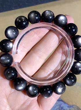 53A99 天然银曜石手链约12mm双银眼黑曜石手串男女款单圈首饰礼物