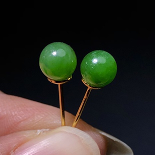 s925银天然和田玉碧玉耳钉菠菜绿碧玉珠珠款约6mm