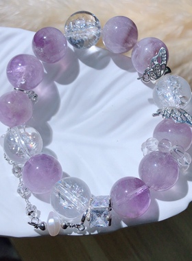 S860 天然紫水晶手链紫阿赛原创设计14mm紫色水晶手串单圈情侣