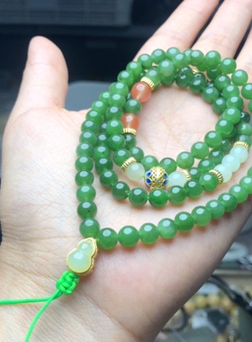 W833 天然和田玉碧玉多圈辣绿6mm猕猴桃碧玉首饰礼物