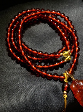 1A387 天然血珀三圈手链串叶子款净水原创4mm佛珠多圈首饰礼物女