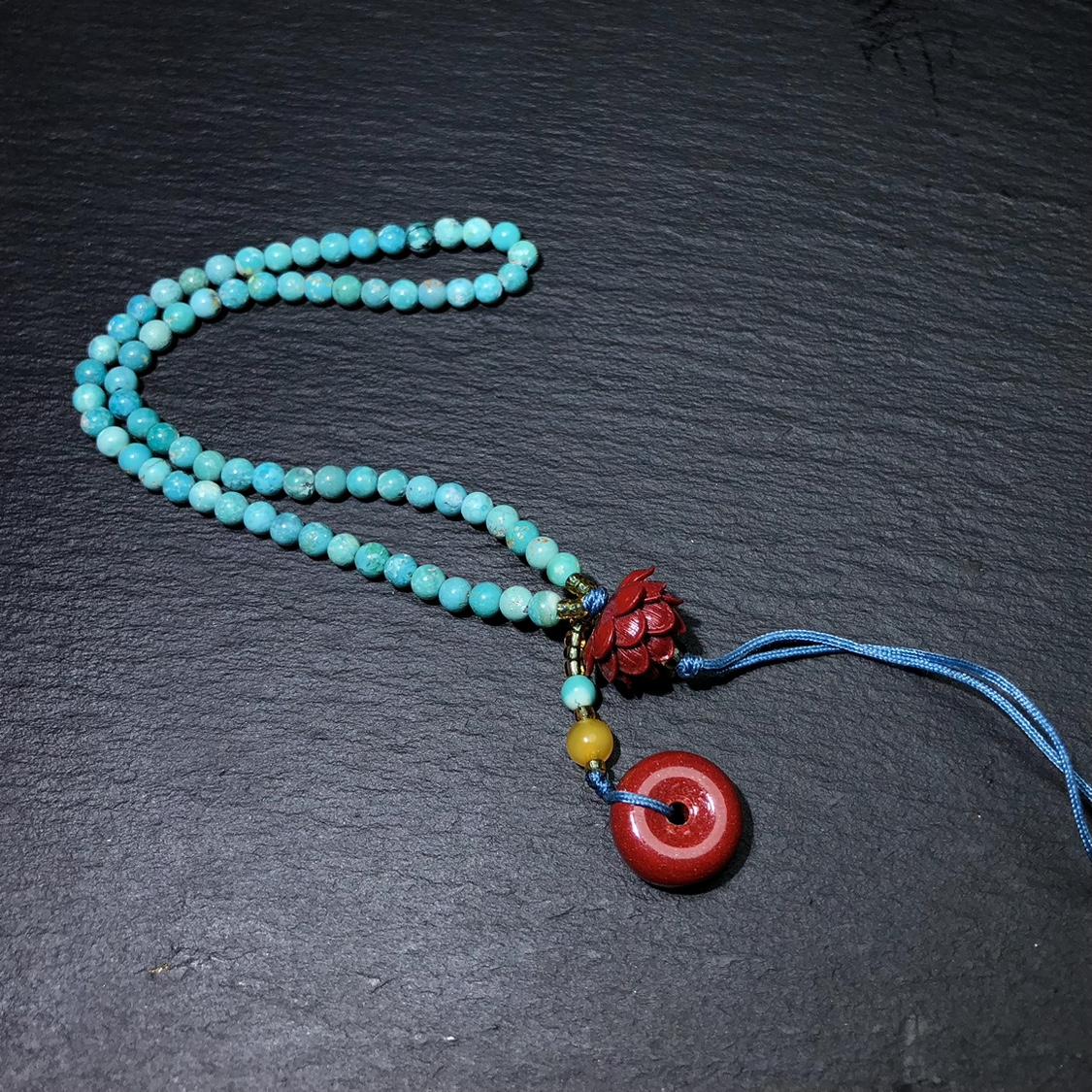 RR0503 天然绿松石手机挂手持原创朱砂平安扣莲花款3mm