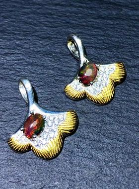 TT0365 天然黑欧泊吊坠银杏叶子款s925银火彩好22/18mm