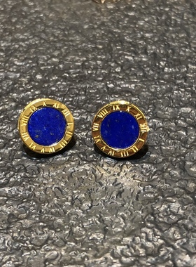 P265 天然青金石s925耳钉圆牌11mm字母款蓝色耳钉女小巧精致耳环