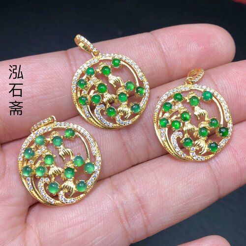 W462 天然A货翡翠硕果累累吊坠s925银帝王绿圆牌22mm男女礼物危料
