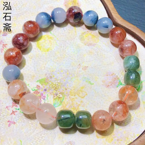 ZZ0020 天然水晶多宝手链红胶花原创发晶白幽灵单圈9-10mm兔毛