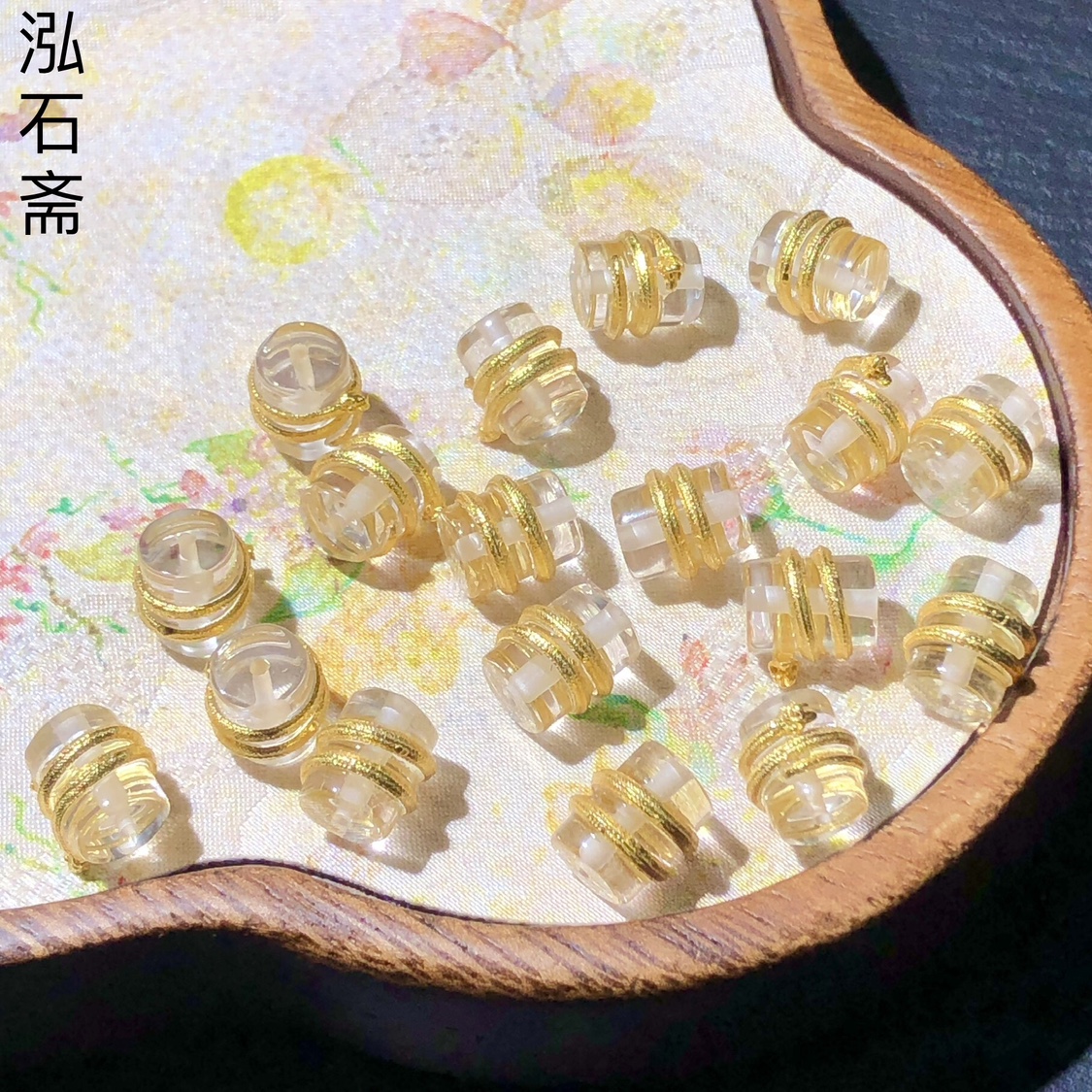 #34 天然白水晶转运珠通孔配件s925银金蛇绕柱9mmdiy手链配饰