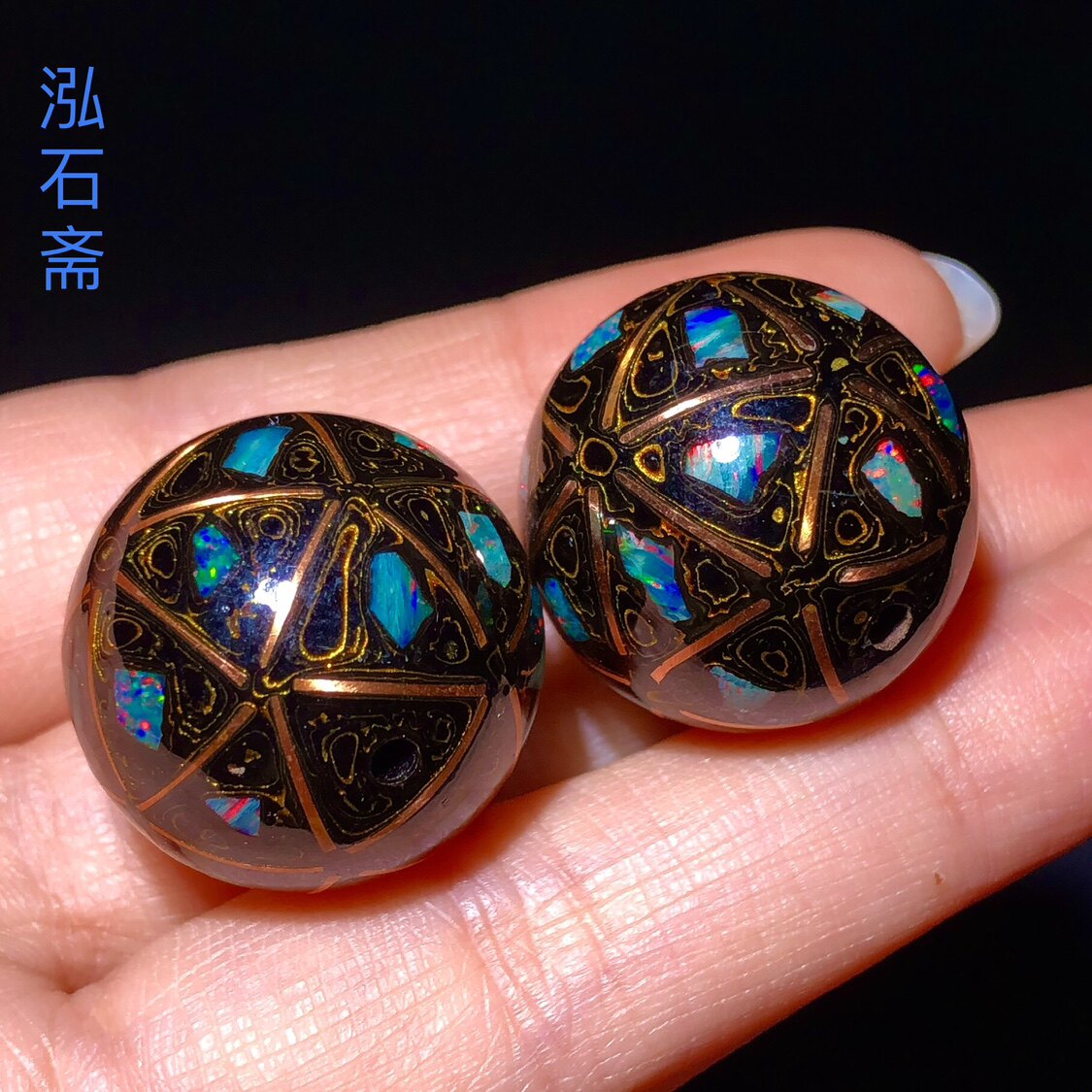 ZZ0304 黑金大漆配件欧泊澳宝散珠21mm非遗diy文玩配饰佛珠国风