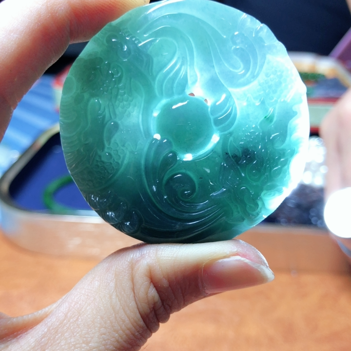 天然a货翡翠老蓝水平安扣双龙扣
