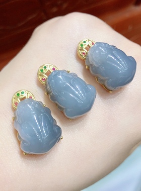 R383 天然和田玉烟紫貔貅吊坠帝王紫18k金约24/15mm挂件紫色玉石