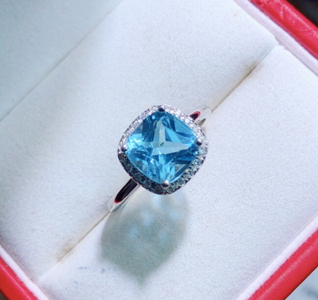 G772 天然蓝托帕石戒指公主方切面s925银8mm瑞士蓝彩宝石首饰戒圈