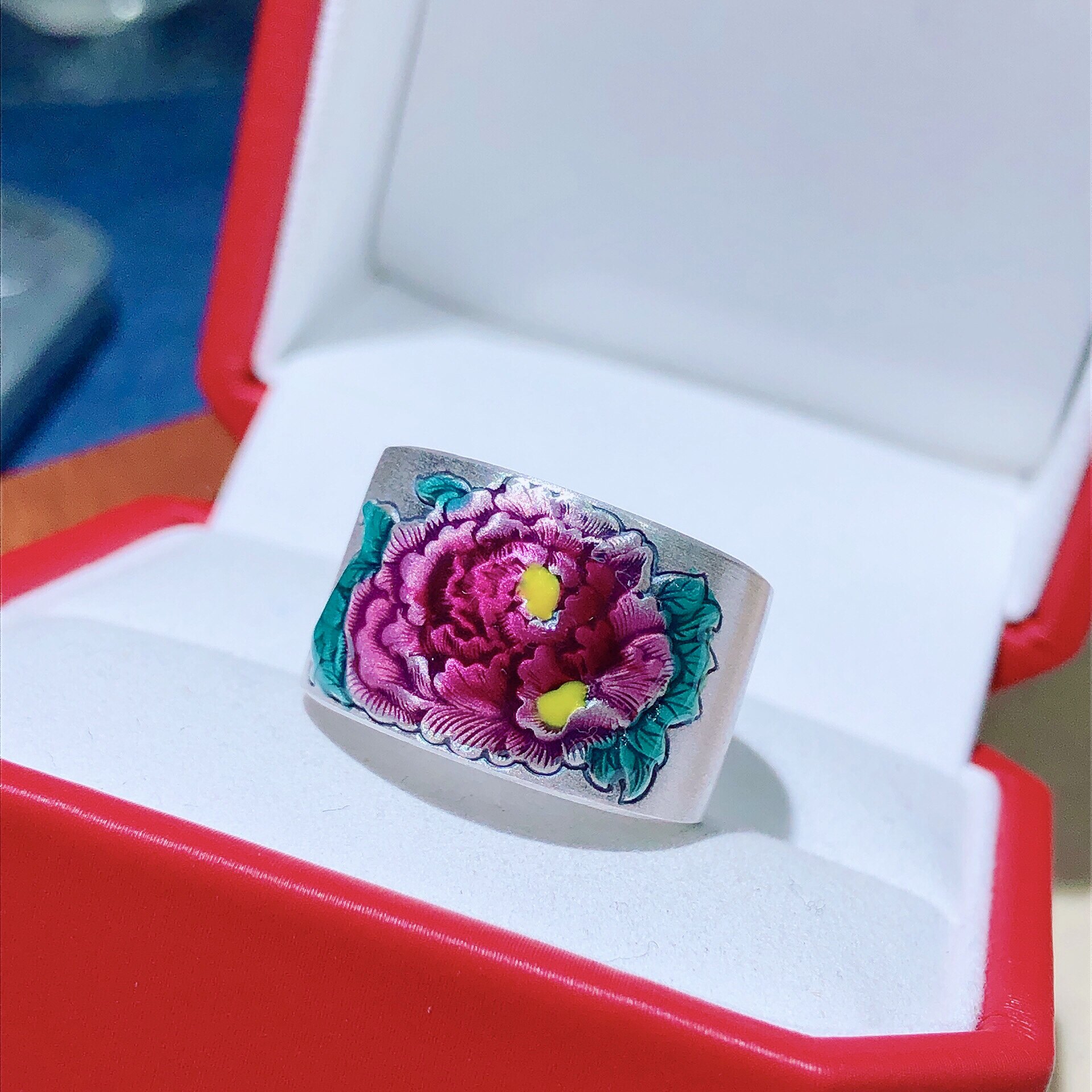 足银999牡丹花戒指烤蓝扳指戒圈