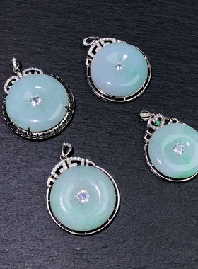 NN0409 天然A货翡翠平安扣吊坠果绿底s925银23-30mm圆牌挂件