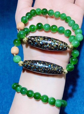 泓石斋 天然和田玉碧玉手链原创黑金大漆珠手串猕猴桃碧玉手链8mm