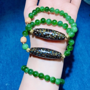 泓石斋 天然和田玉碧玉手链原创黑金大漆珠手串猕猴桃碧玉手链8mm