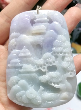 N592天然a货翡翠吊坠山水67x47x10mm春彩