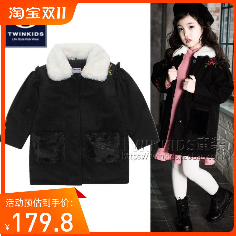 小木马童装TWINKIDS韩国专柜18冬款女童宝宝夹棉外套毛领呢子大衣