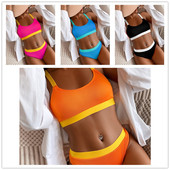 欧美外贸高腰坑条撞色拼接背心比基尼分体bikini泳衣亚马逊速卖通