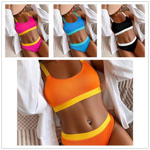 欧美外贸高腰坑条撞色拼接背心比基尼分体bikini泳衣亚马逊速卖通