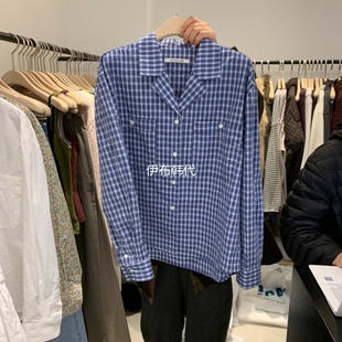 PLATE韩国东大门正品代购26春款 翻领西服领格子口袋气质衬衫女