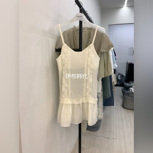 春款纯色木耳边薄款吊带裙连衣裙