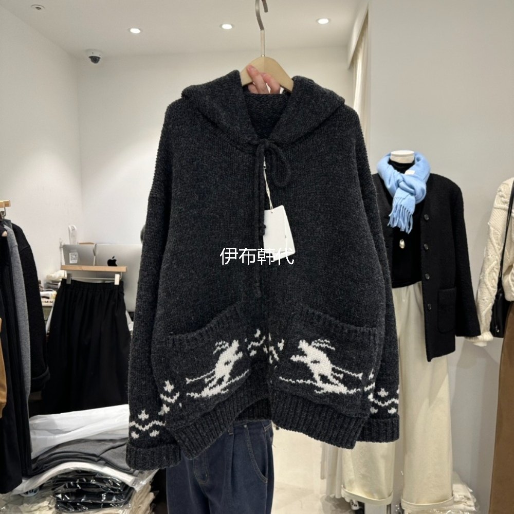 连帽抽绳羊毛拉链毛衣针织开衫