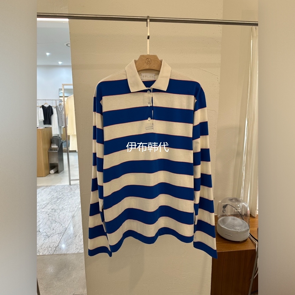 翻领休闲纽扣宽松宽条纹长袖T恤