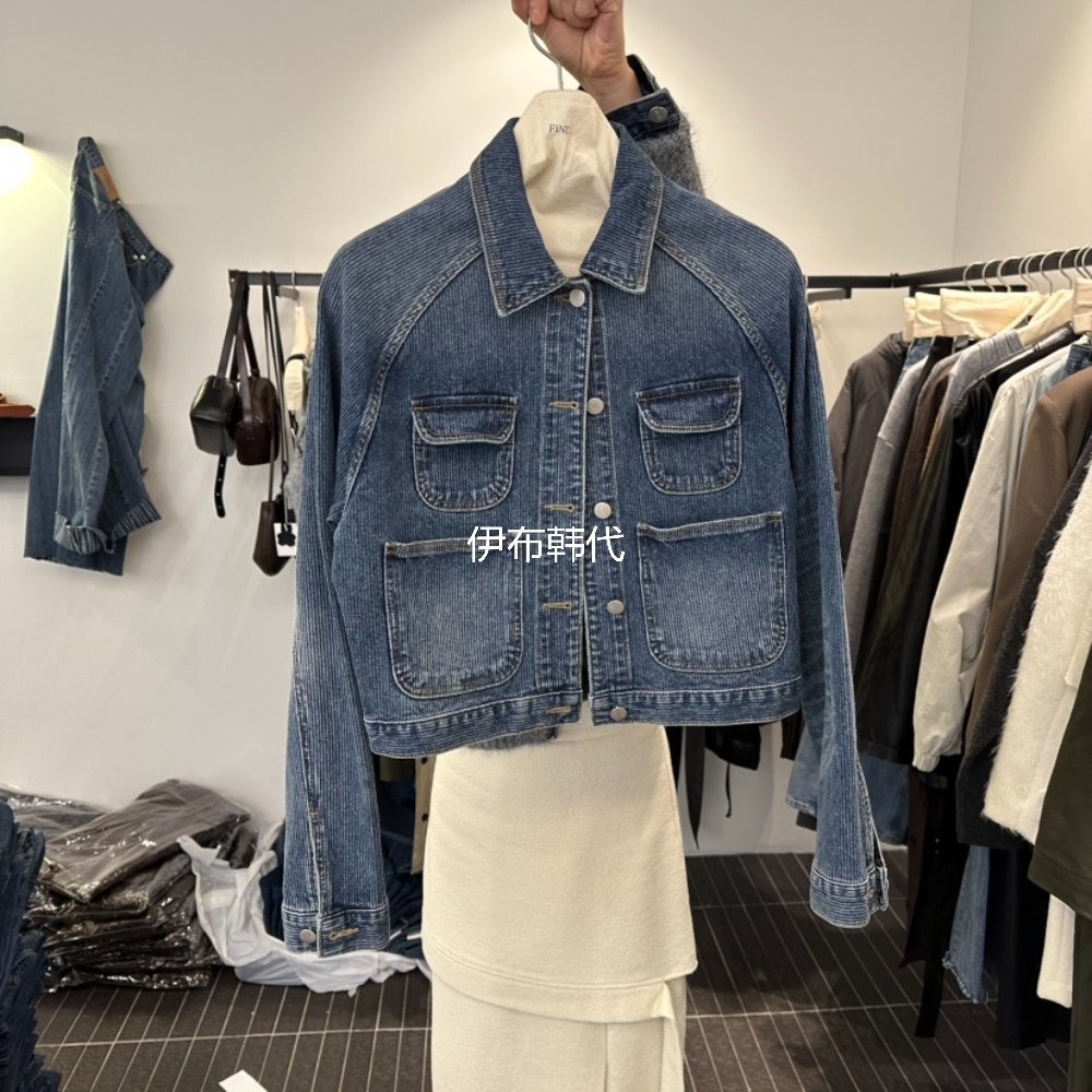 FIND韩国东大门正品代购25冬 翻领竖纹磨白做旧休闲牛仔外套夹克