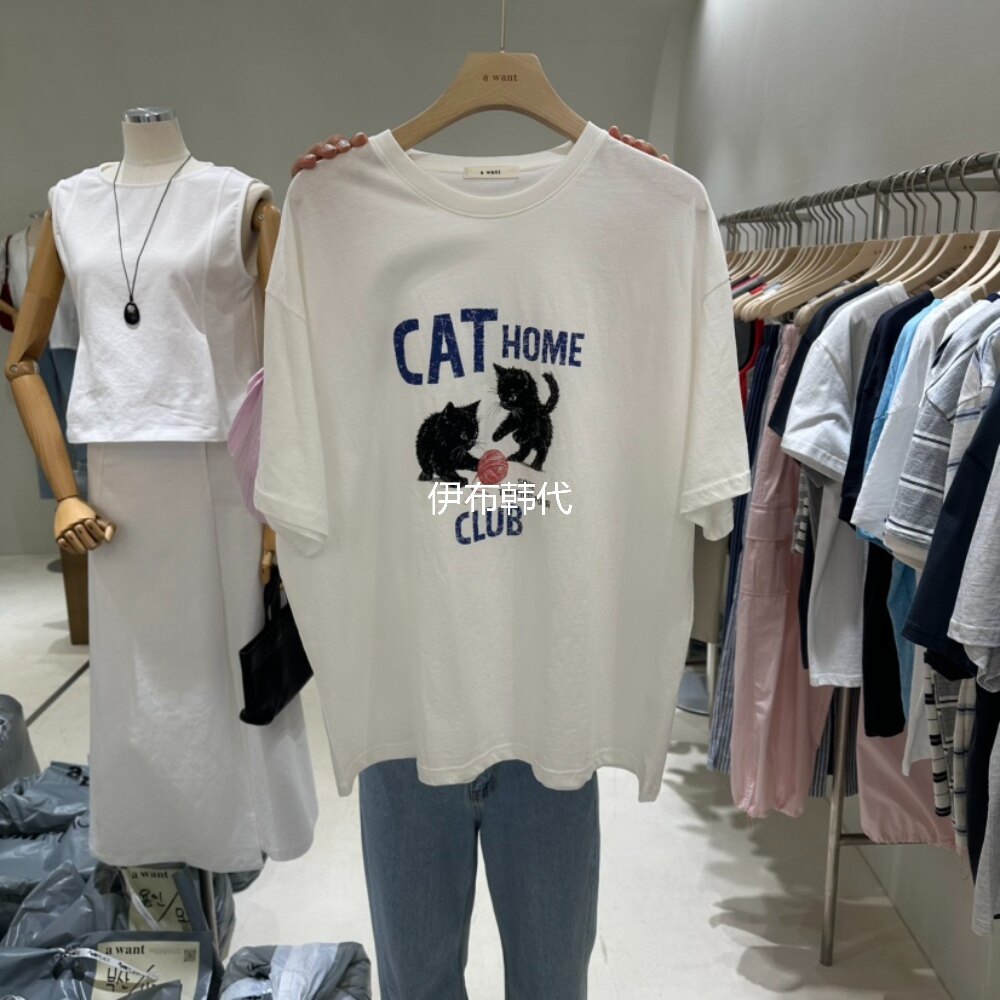 A WANT韩国东大门正品代购26春款 圆领休闲字母可爱小猫短袖T恤