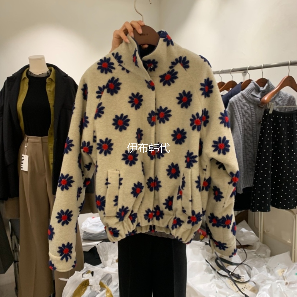 立领花朵毛呢拉链休闲短外套女