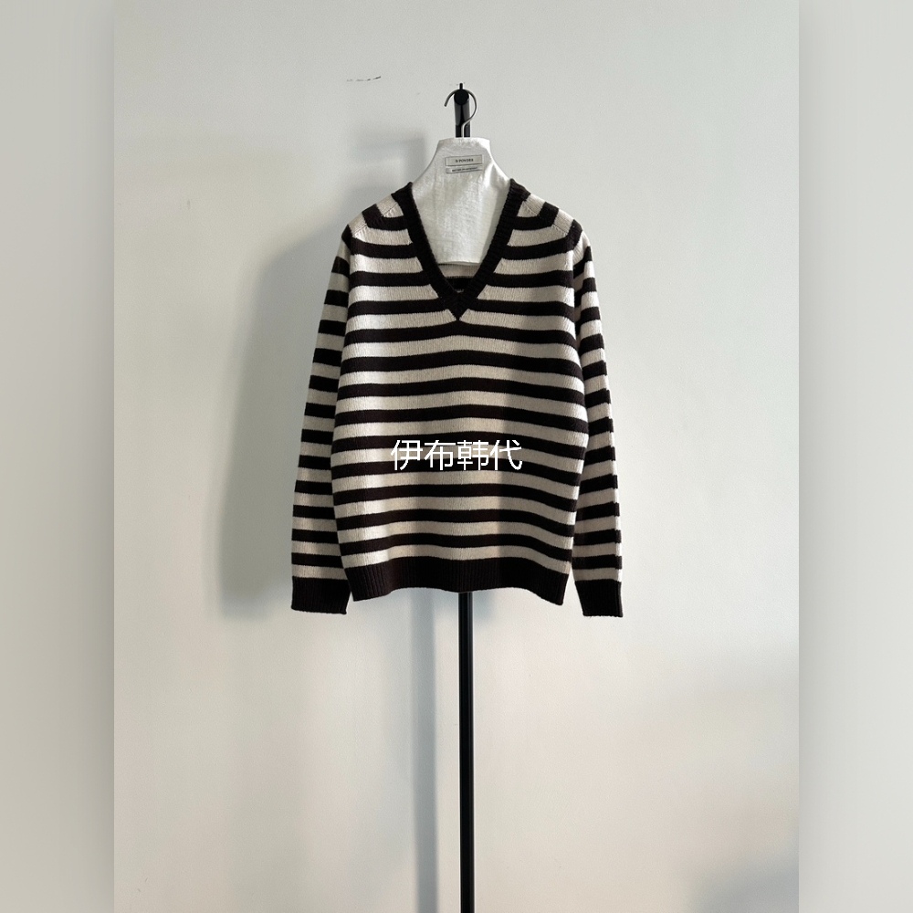 V领休息条纹针织衫毛衣女